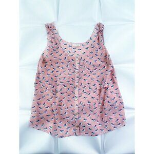 Under Skies Sz S Pink Bird Print Sheer Knot Shoulder Tank Top Blouse Womens